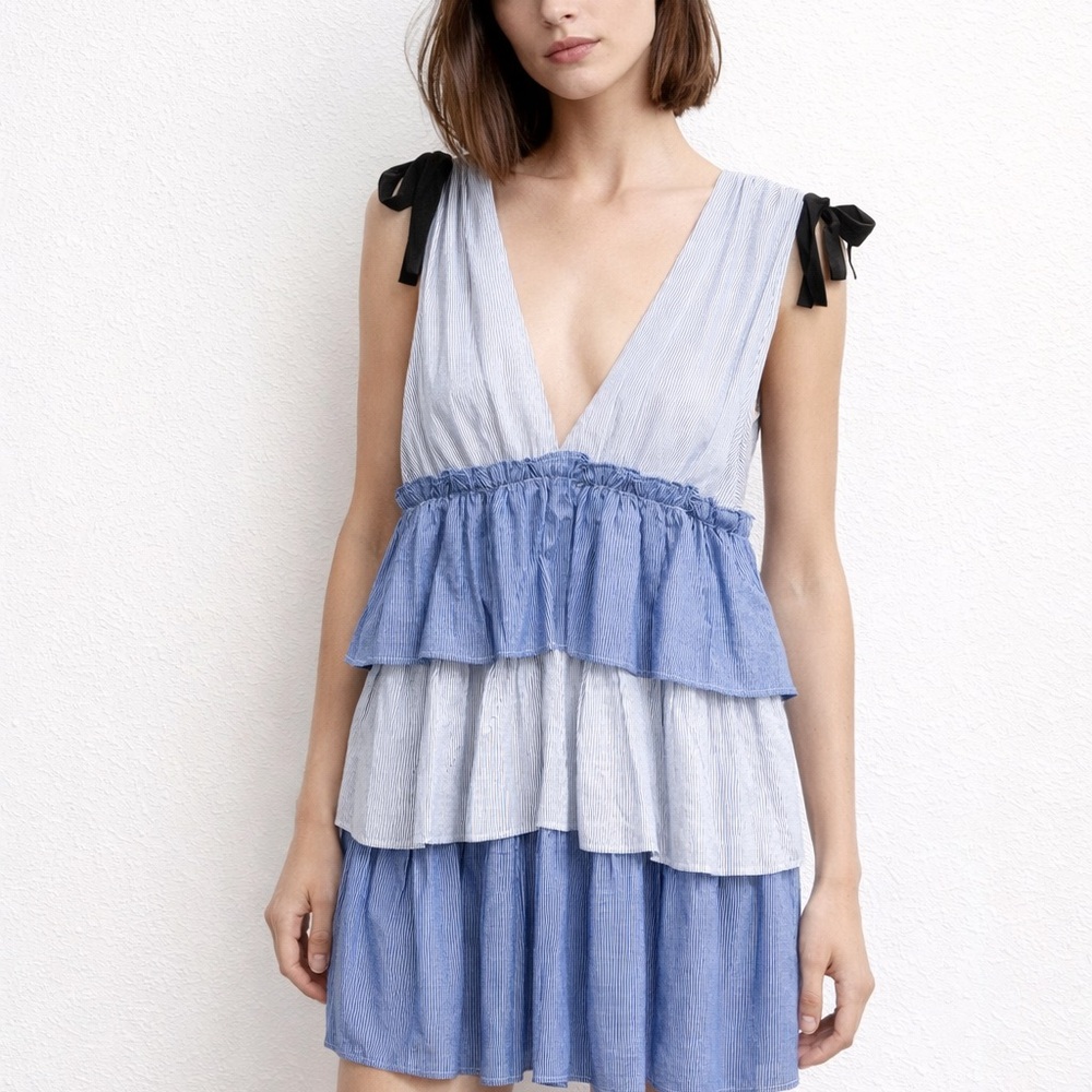 Romeo & Juliet Couture Blue and White Striped‎ Tiered Dress with Black Label M